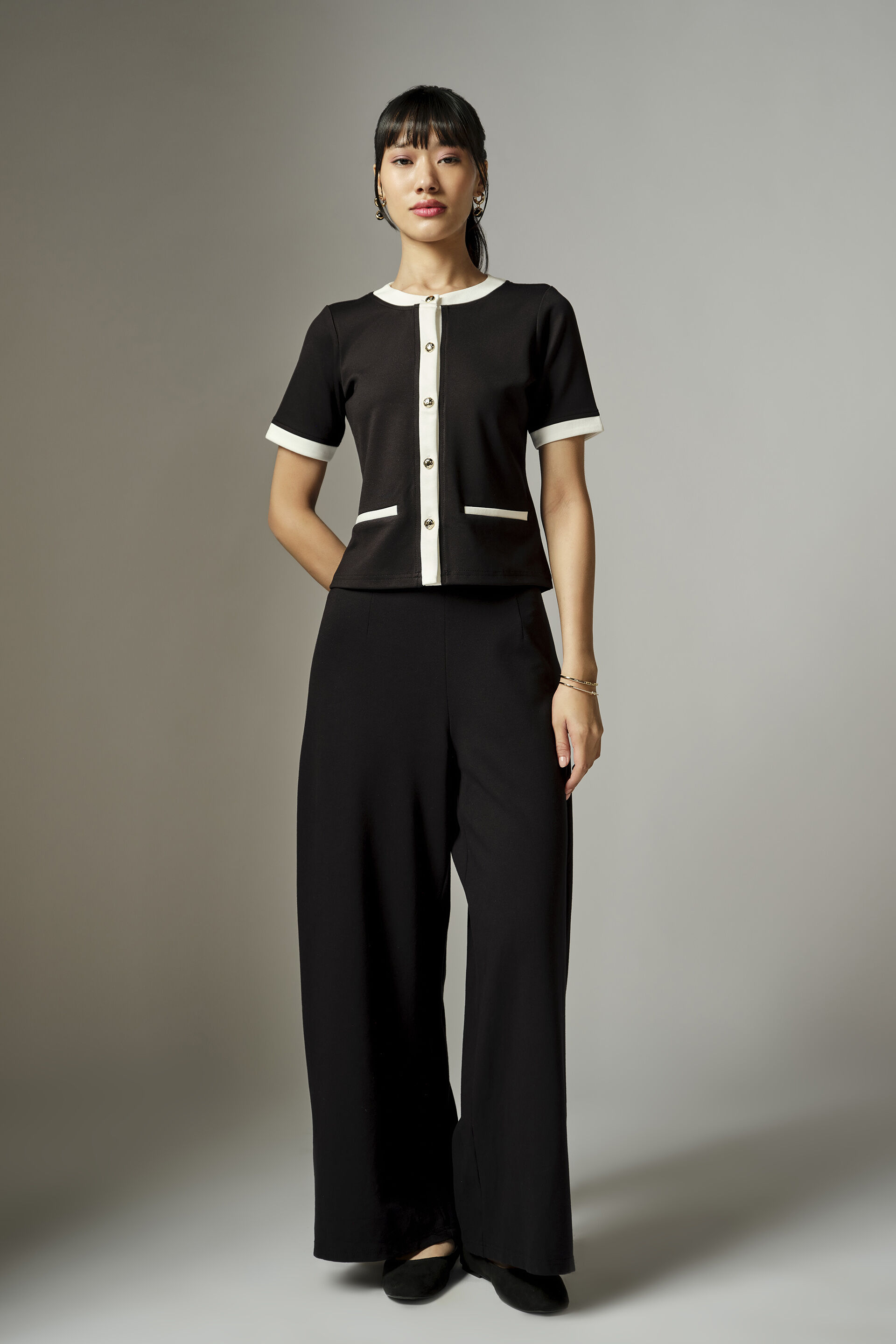 Black Contrast Trim Knit Top, Black, image 4